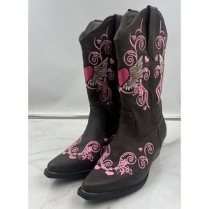 Roper Boots Girls Brown Pink Heart Wings Embroidered Western Cowboy Size 2
